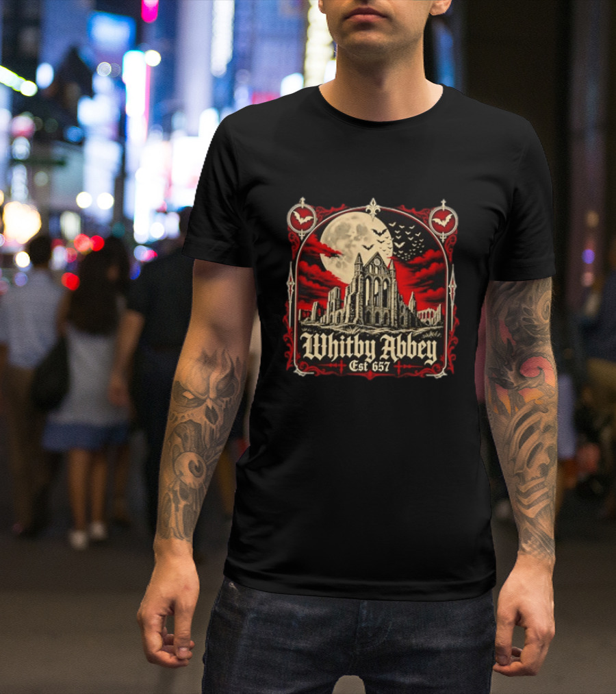 Whitby Abbey Gothic North Yorkshire England Est 657 Moon Bats T-Shirt