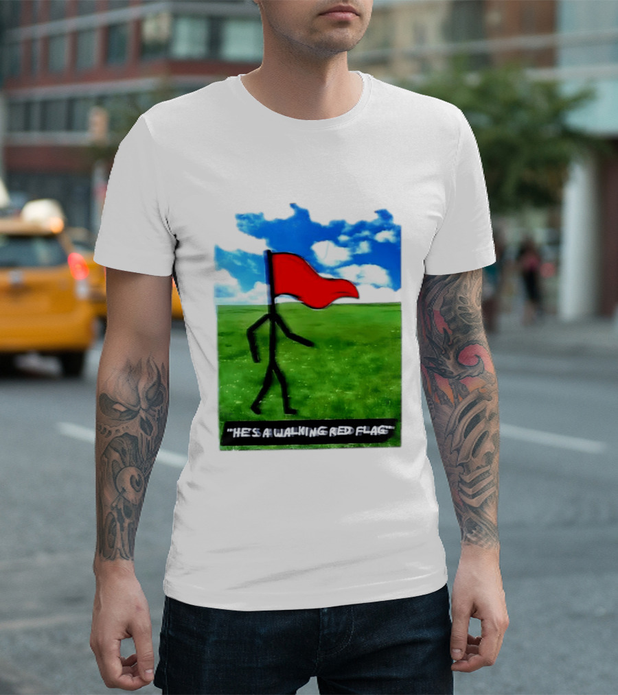 Stick Figure With Red Flag Walking In Field With Blue Sky T-Shirt