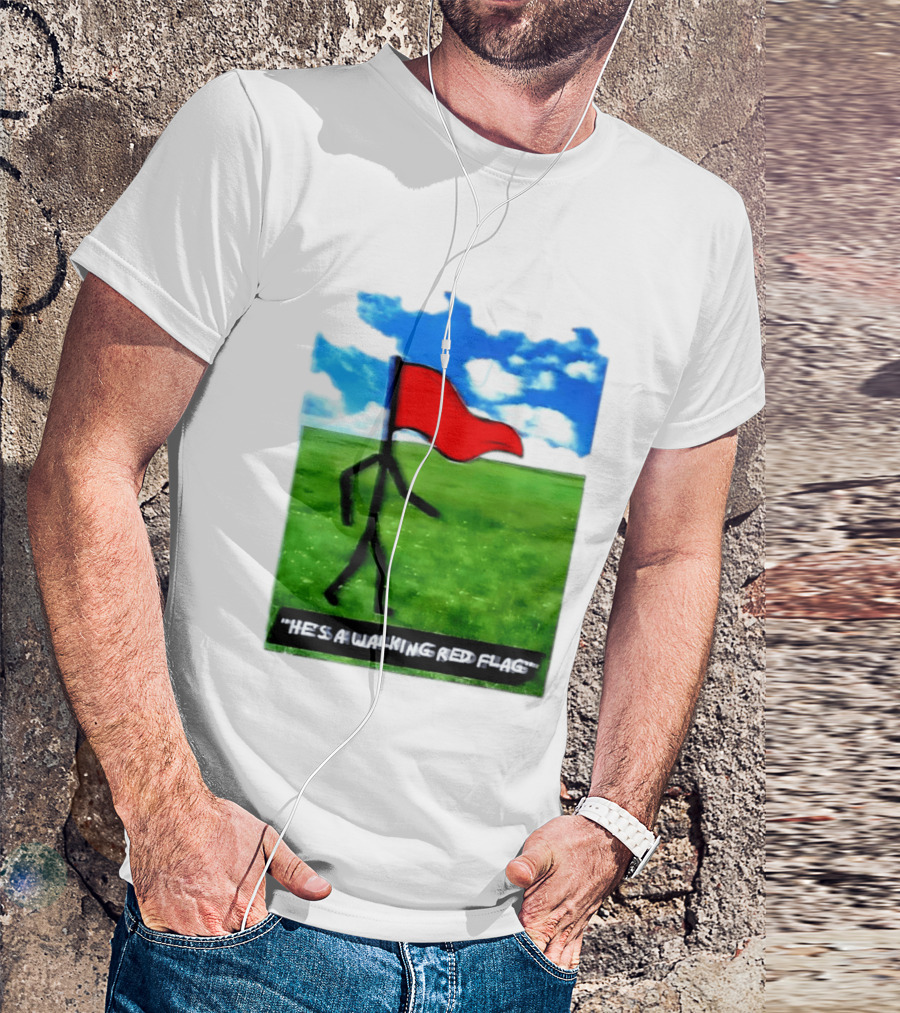 Stick Figure With Red Flag Walking In Field With Blue Sky T-Shirt