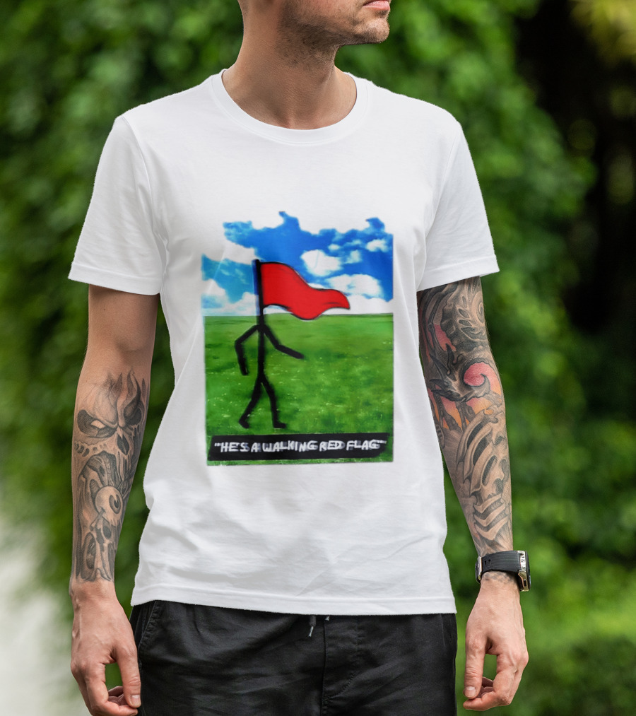 Stick Figure With Red Flag Walking In Field With Blue Sky T-Shirt