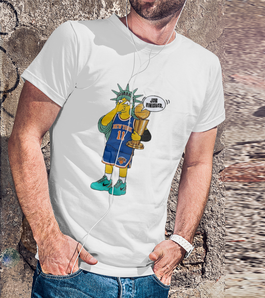 Statue Of Liberty Simpsons Jalen Brunson Hug Trophy New York Knicks Job Finished 2026 NBA Championship T-Shirt