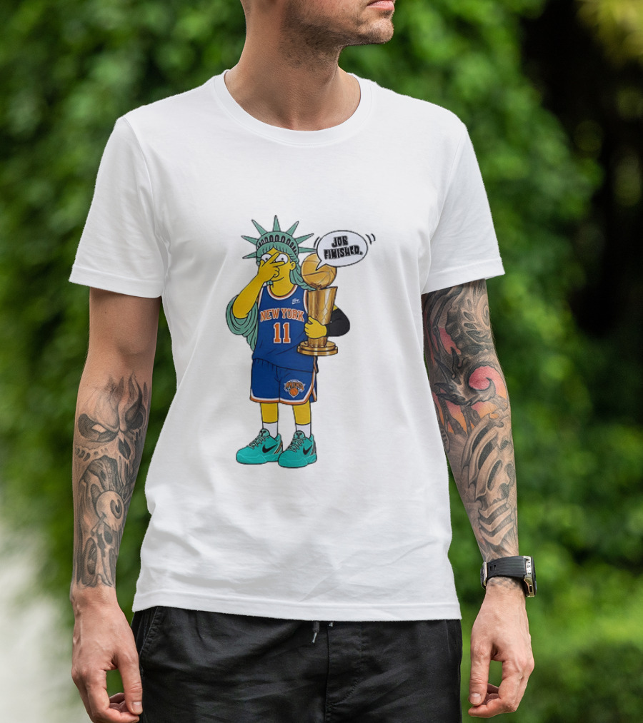Statue Of Liberty Simpsons Jalen Brunson Hug Trophy New York Knicks Job Finished 2026 NBA Championship T-Shirt