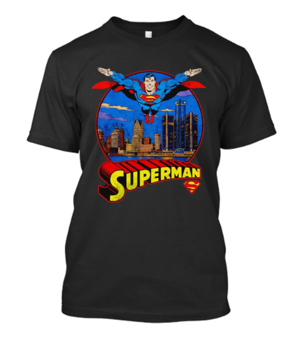 Superman Flying Over Detroit Skyline Vintage Comic T-Shirt