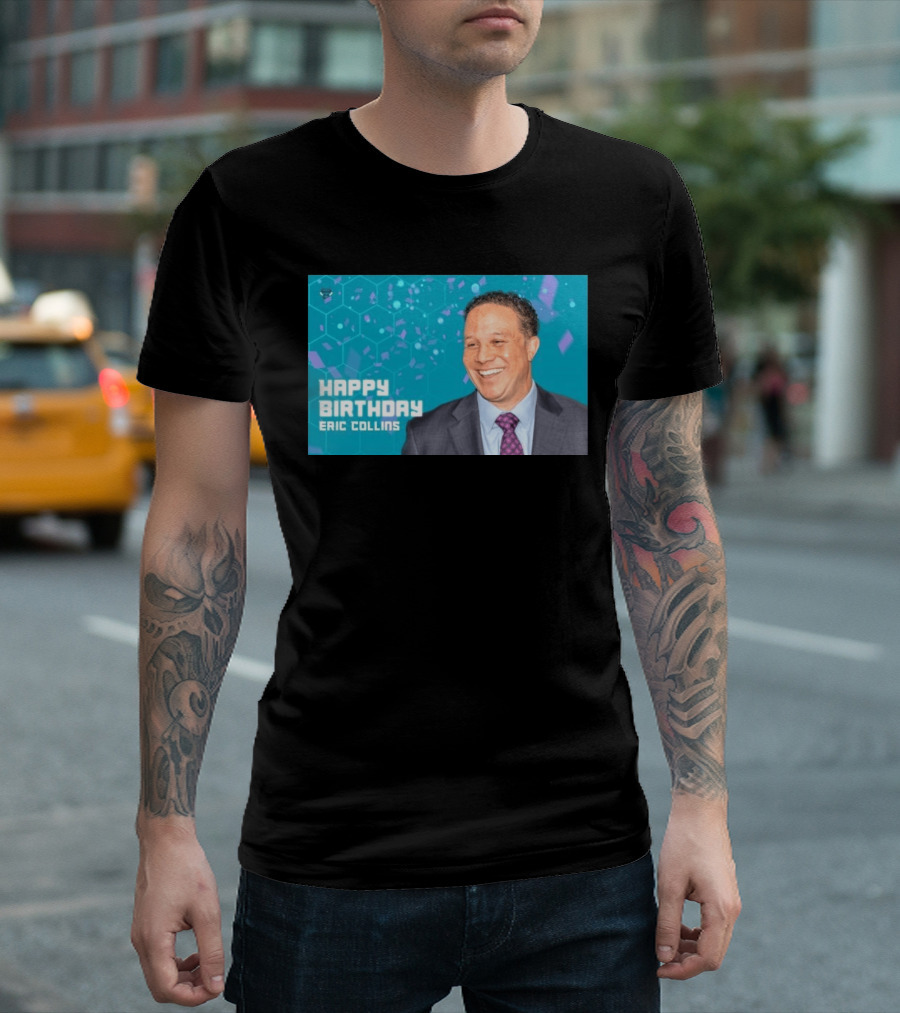 Happy 57th Birthday Eric Collins Celebration With Smiling Man And Turquoise Hexagonal T-Shirt