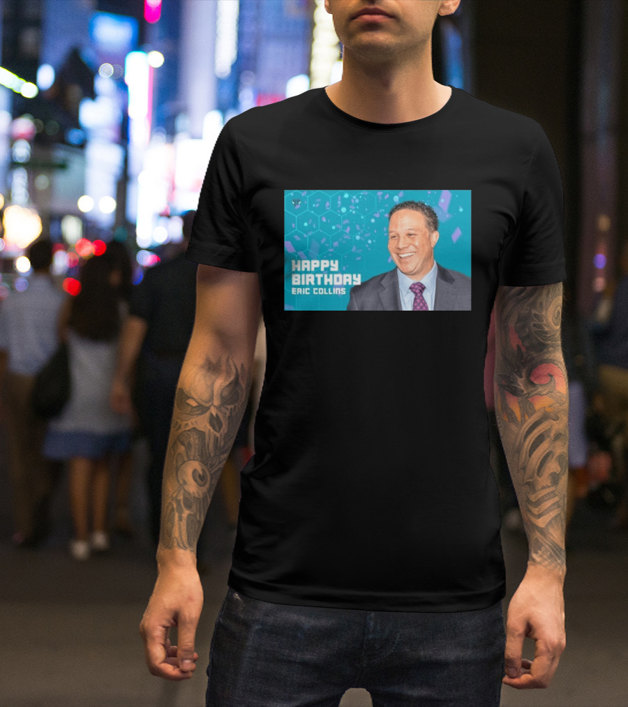 Happy 57th Birthday Eric Collins Celebration With Smiling Man And Turquoise Hexagonal T-Shirt