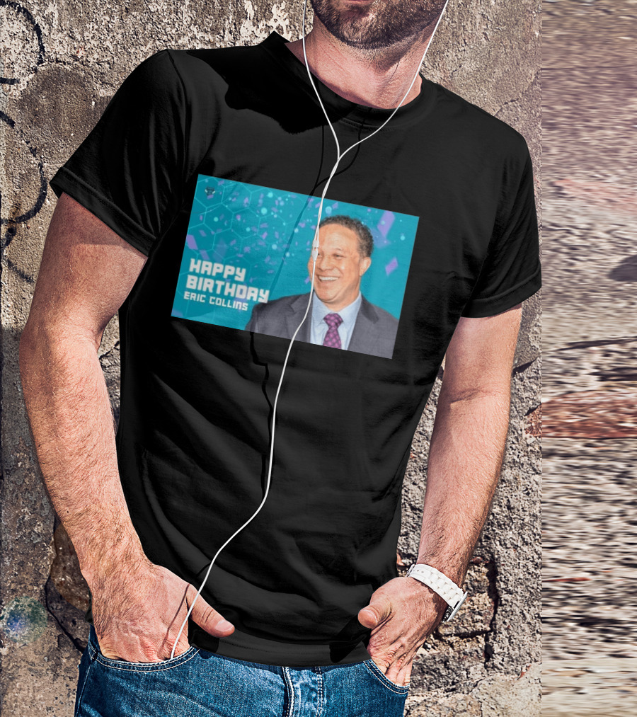 Happy 57th Birthday Eric Collins Celebration With Smiling Man And Turquoise Hexagonal T-Shirt