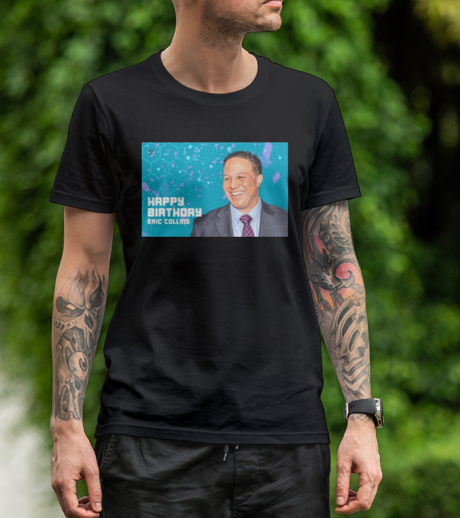 Happy 57th Birthday Eric Collins Celebration With Smiling Man And Turquoise Hexagonal T-Shirt