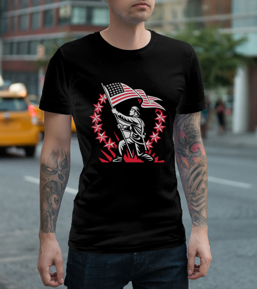 American Soldier Raising Flag USA Pride Patriotic Stars T-Shirt