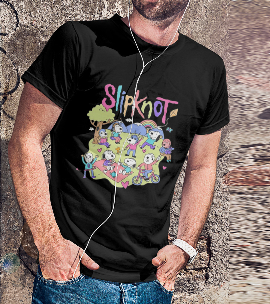 Snoopy Peanuts Characters Playing In Park With Slipknot T-Shirt