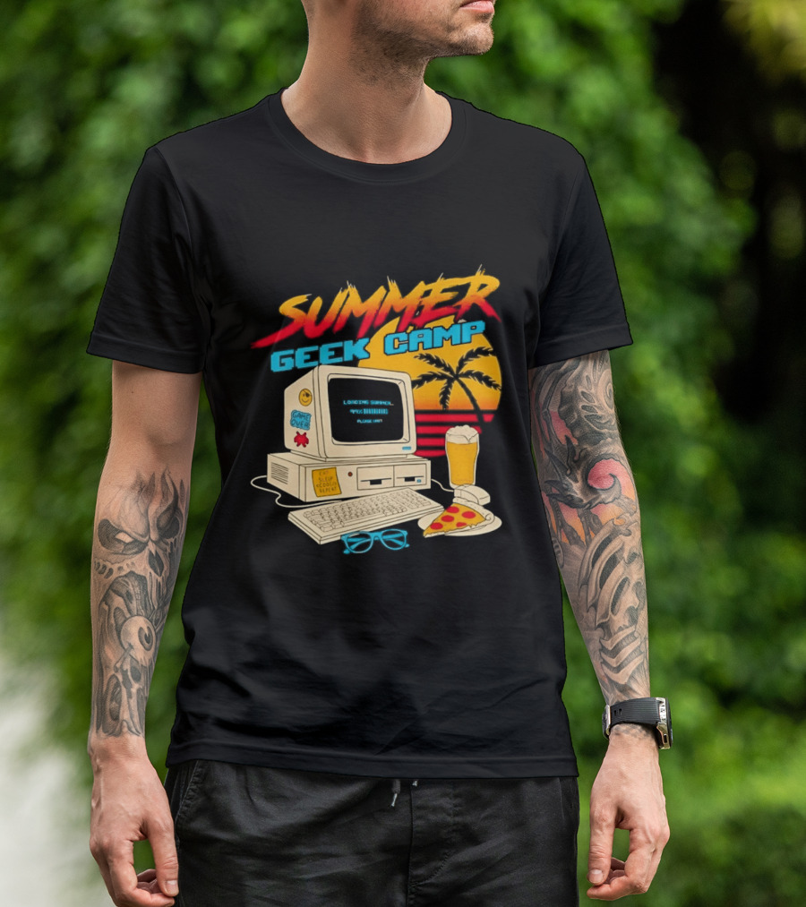 Summer Geek Camp Retro Computer Pizza And Palm Vibes T-Shirt