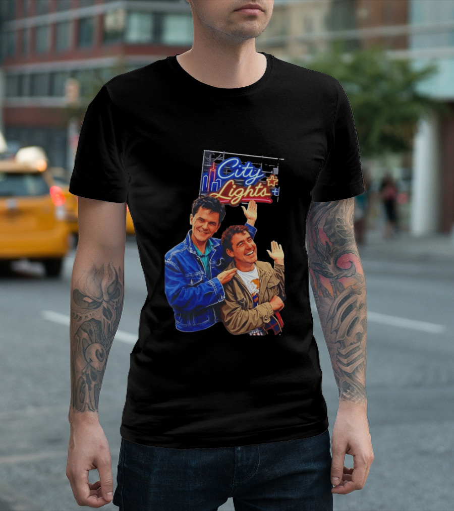 Two Men Smiling And Waving City Lights Neon Sign T-Shirt
