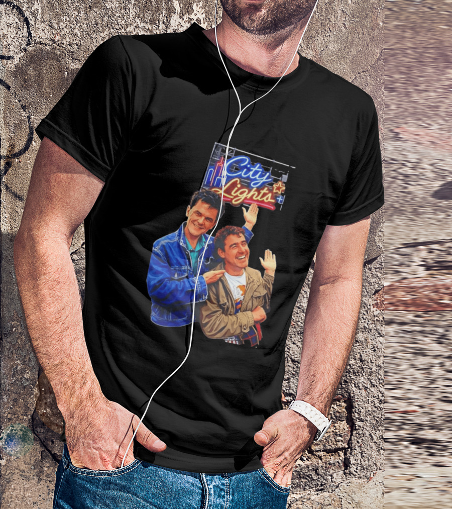 Two Men Smiling And Waving City Lights Neon Sign T-Shirt