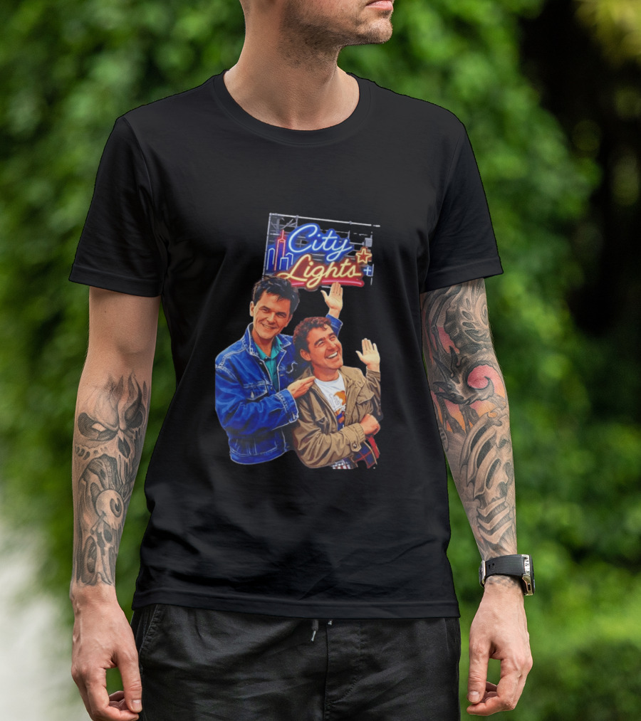 Two Men Smiling And Waving City Lights Neon Sign T-Shirt