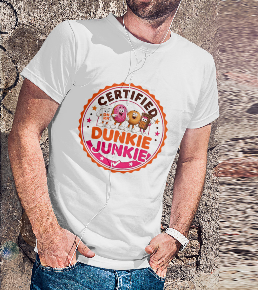 Certified Dunkie Junkie Characters Badge Coffee Donut Fun T-Shirt
