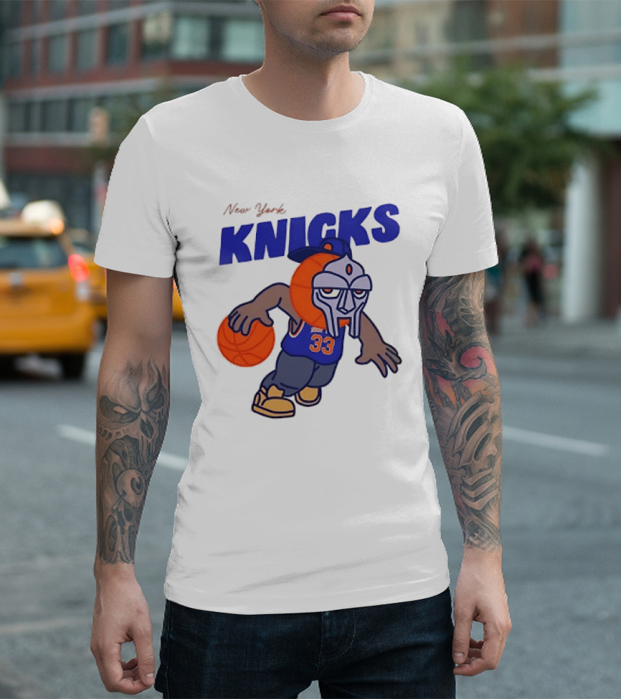 New York Knicks MF DOOM Basketball Mask Number 33 Dribbling T-Shirt