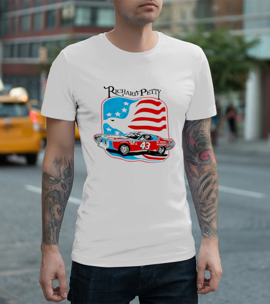 Richard Petty NASCAR Racing Car 43 STP American Flag T-Shirt