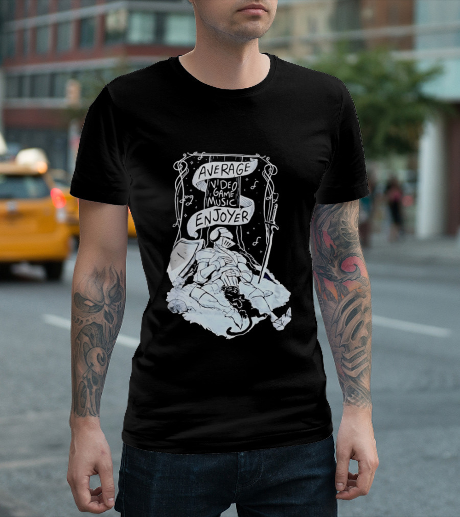 Average Video Game Music Enjoyer Knight Resting Under Stars With Cat T-Shirt