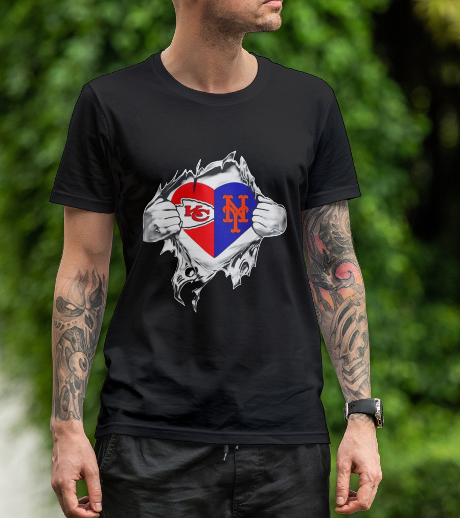 Kansas City Chiefs New York Mets Heart Torn Chest Combo T-Shirt