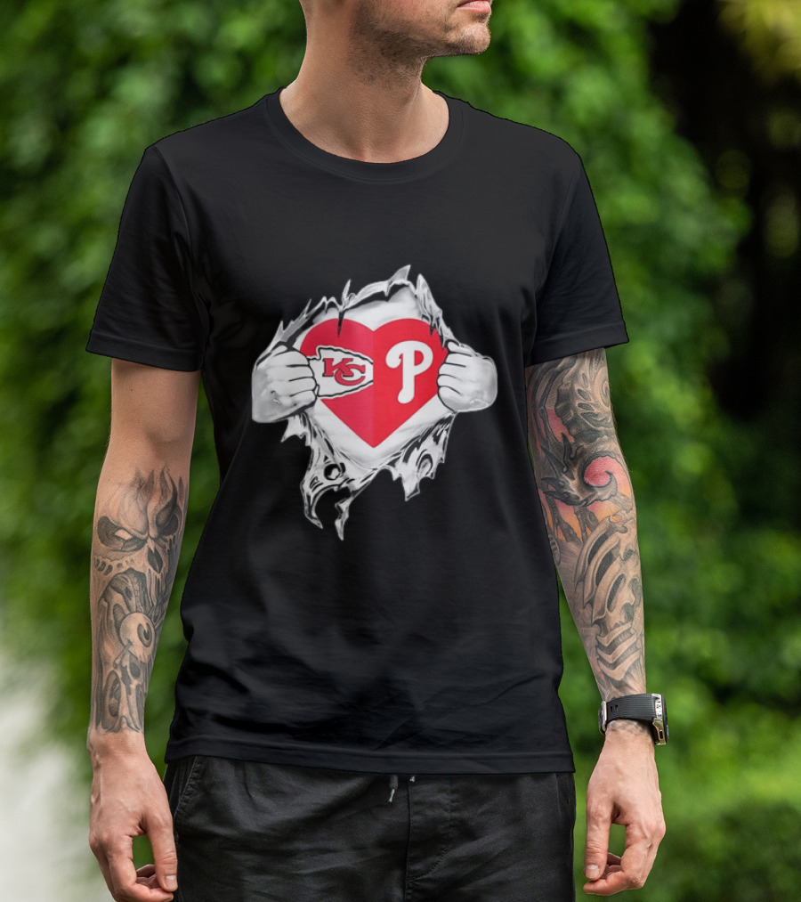 KC Phillies Rip Heart Chiefs Phillies Fan T-Shirt