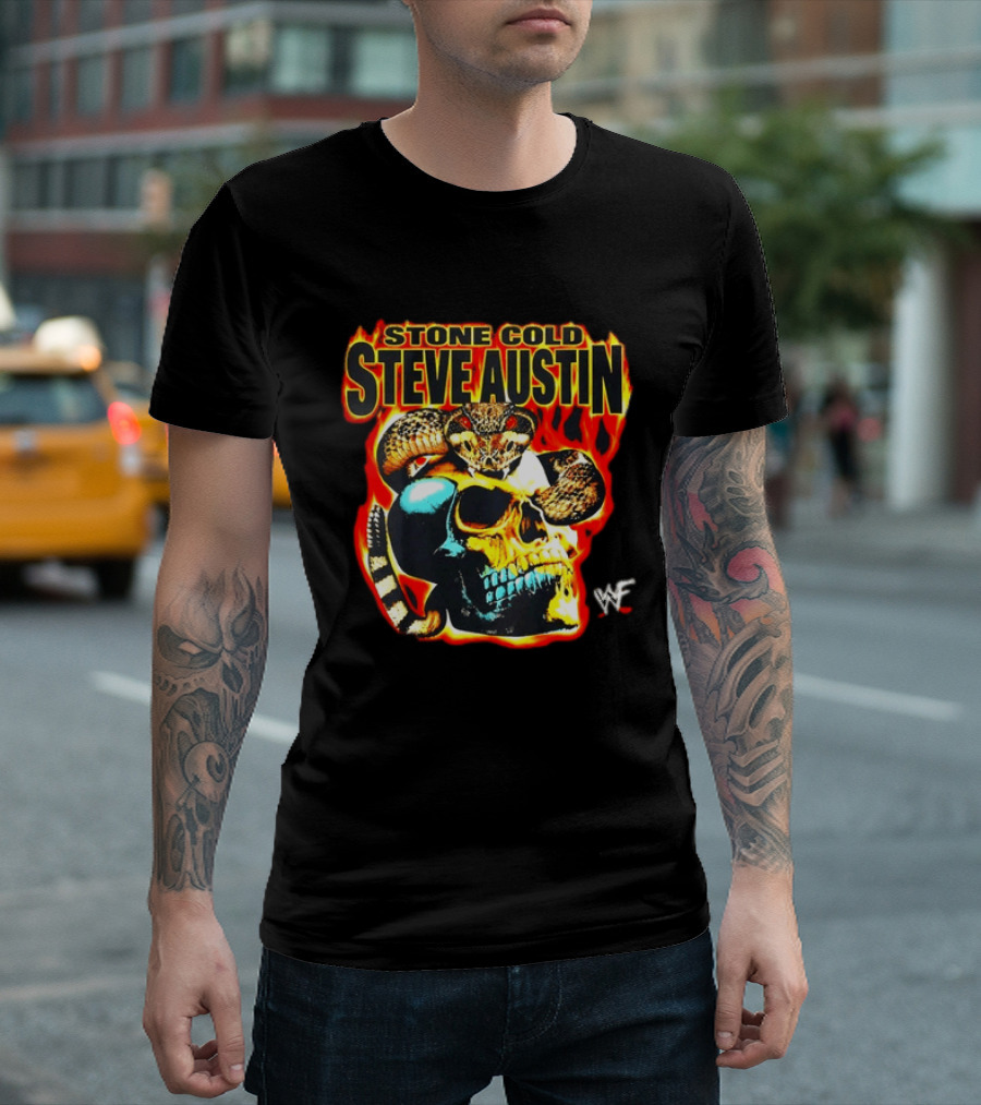 Stone Cold Steve Austin Flaming Skull Snake WWF T-Shirt