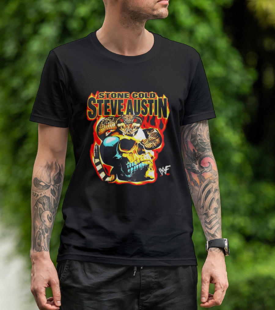 Stone Cold Steve Austin Flaming Skull Snake WWF T-Shirt