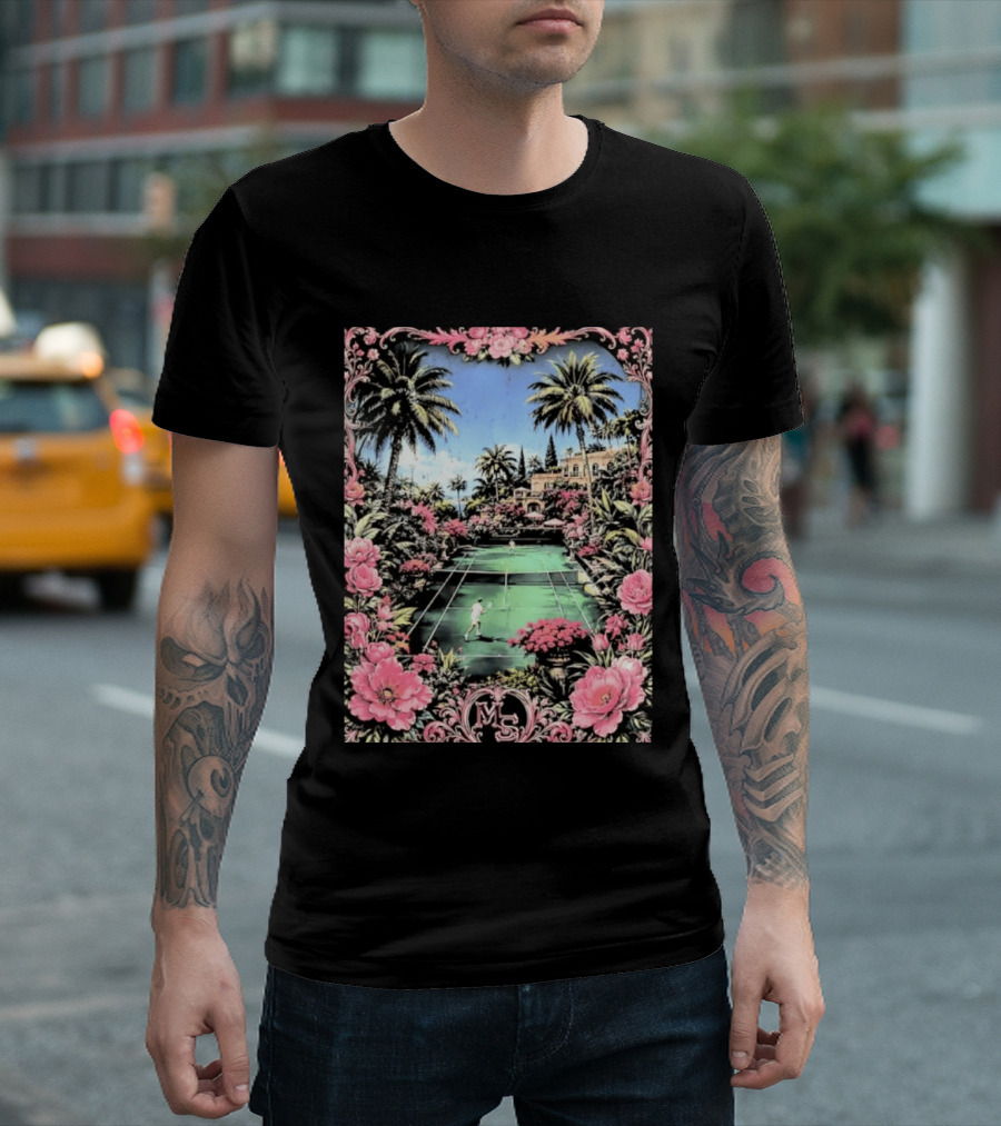 Tennis Players On Mansion Court MS Initials With Pink Floral Frame T-Shirt