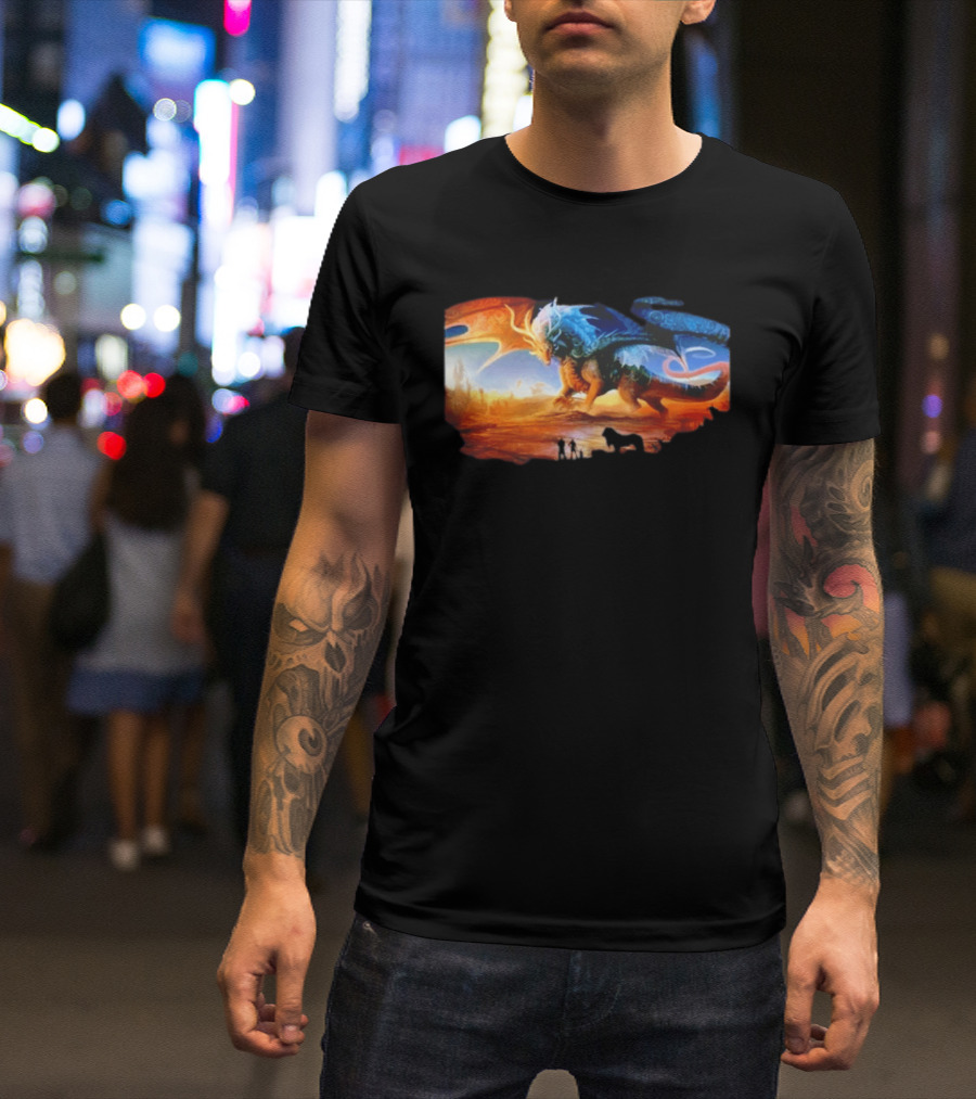 Giant Dragon In Radiant Golden Light With Blue And Orange Wings T-Shirt