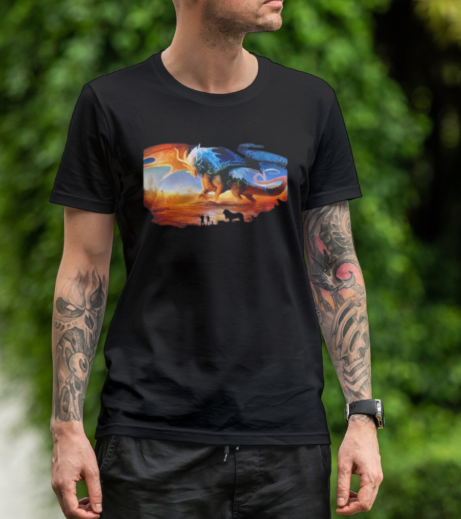 Giant Dragon In Radiant Golden Light With Blue And Orange Wings T-Shirt