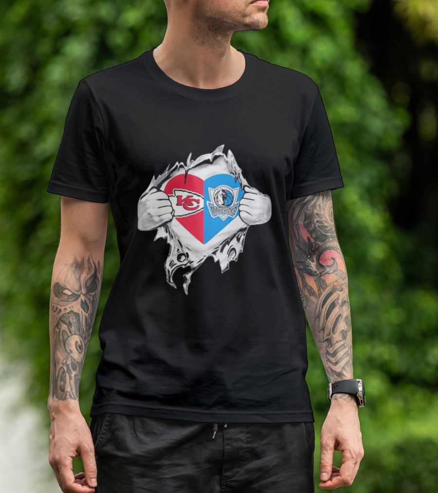 Kansas City Chiefs Dallas Mavericks Heart Ripped Open NFL NBA Crossover Fan Gear T-Shirt