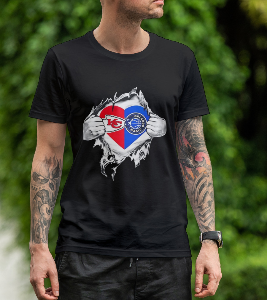 Kansas City Chiefs And Orlando Magic Heart Tear Open T-Shirt