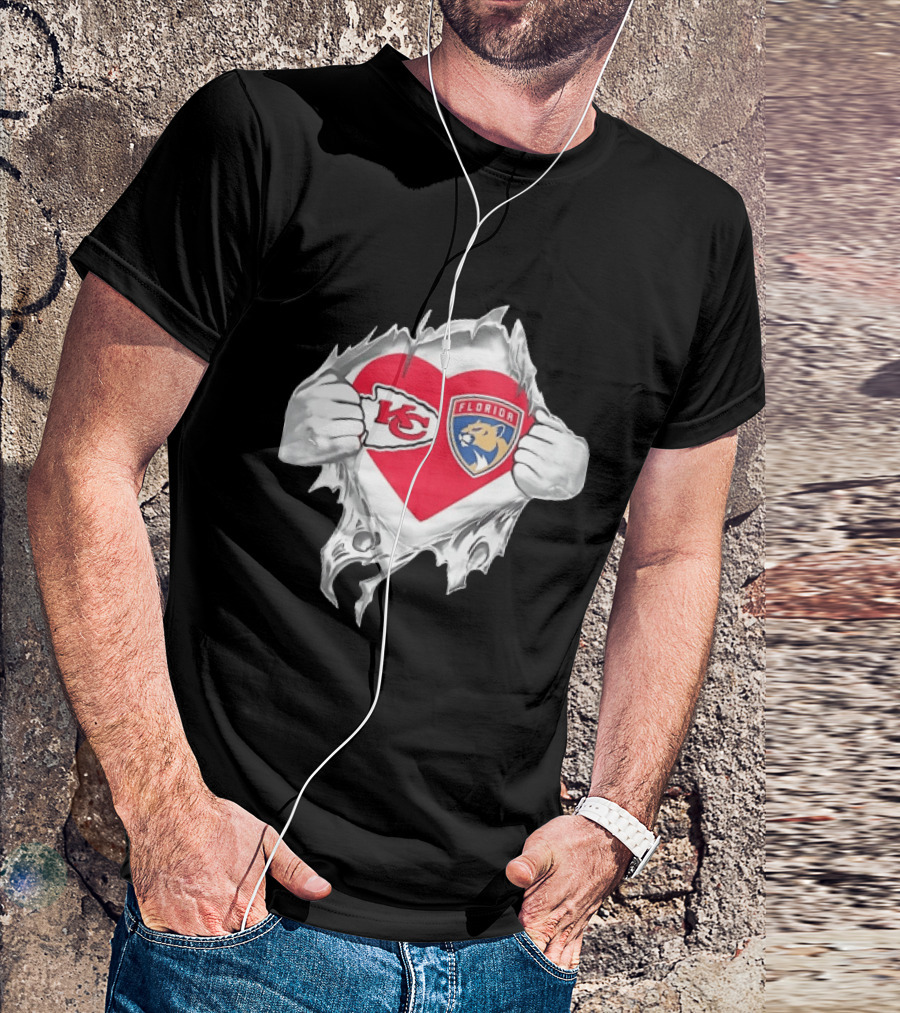 KC Chiefs Florida Panthers Heart Ripped Chest Kansas City NFL Florida NHL Fans T-Shirt