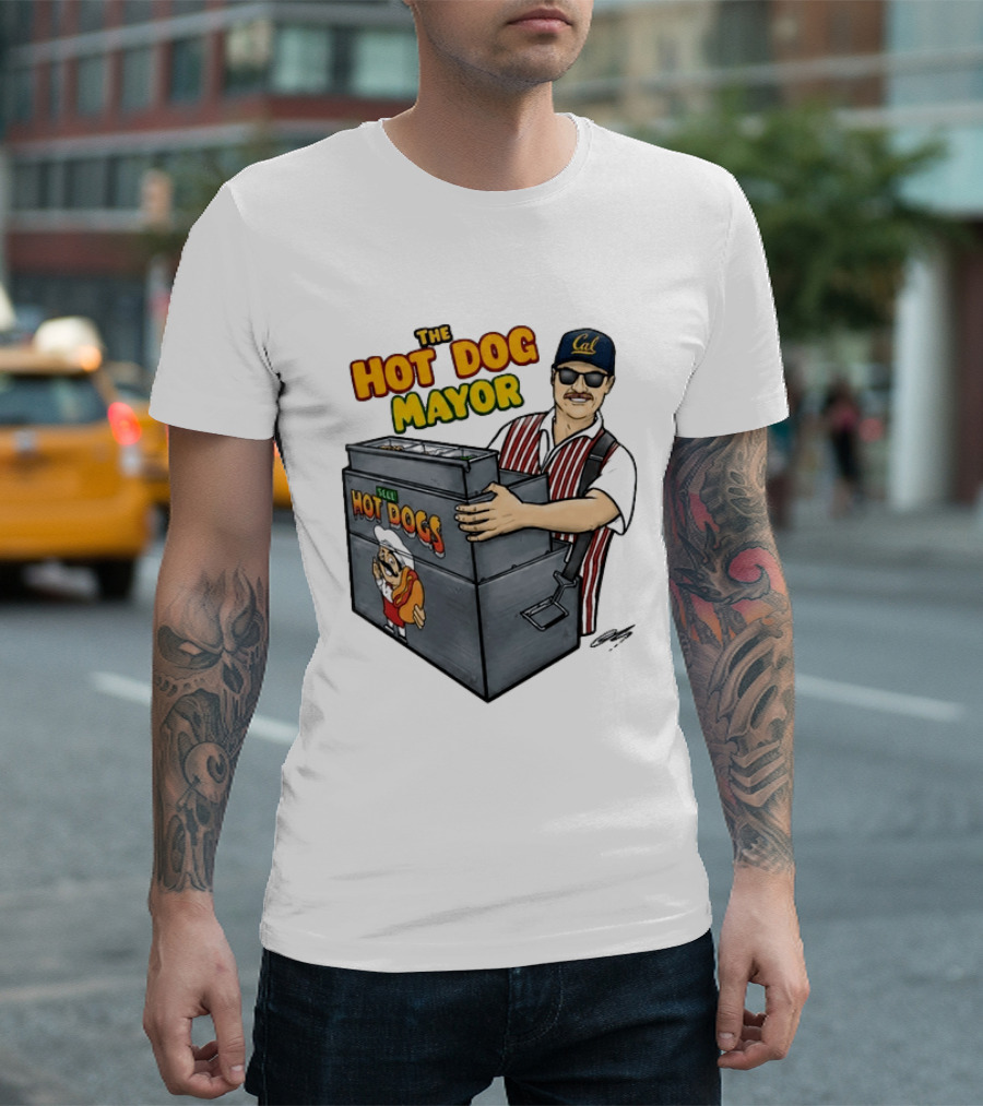 The Hot Dog Mayor Vendor With Cal Hat And Hot Dogs Cart T-Shirt