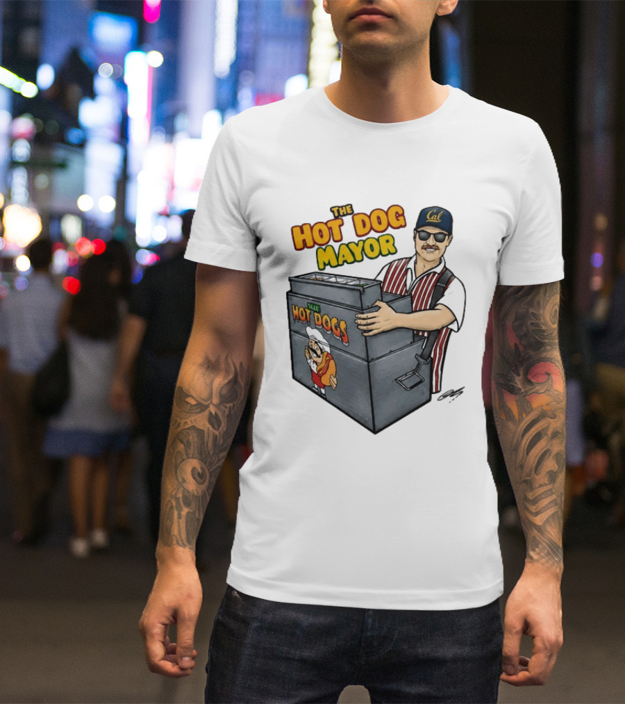 The Hot Dog Mayor Vendor With Cal Hat And Hot Dogs Cart T-Shirt