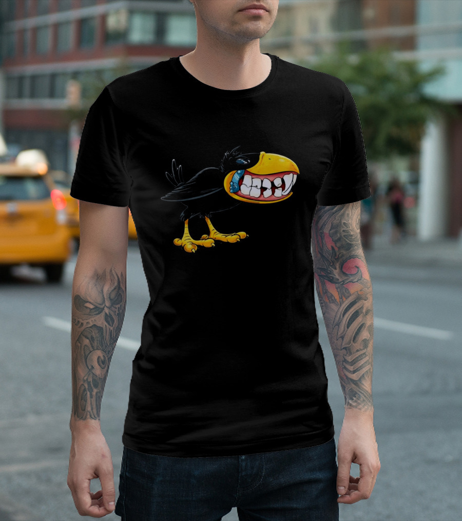 Crow With Huge Teeth Cartoon Blue Phone Green T-Shirt