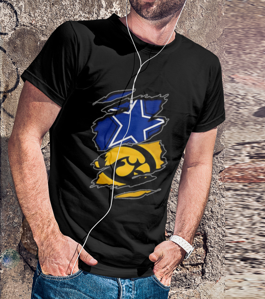 Dallas Cowboys Star And Iowa Hawkeyes Ripped Logo Sports Fan Gear T-Shirt