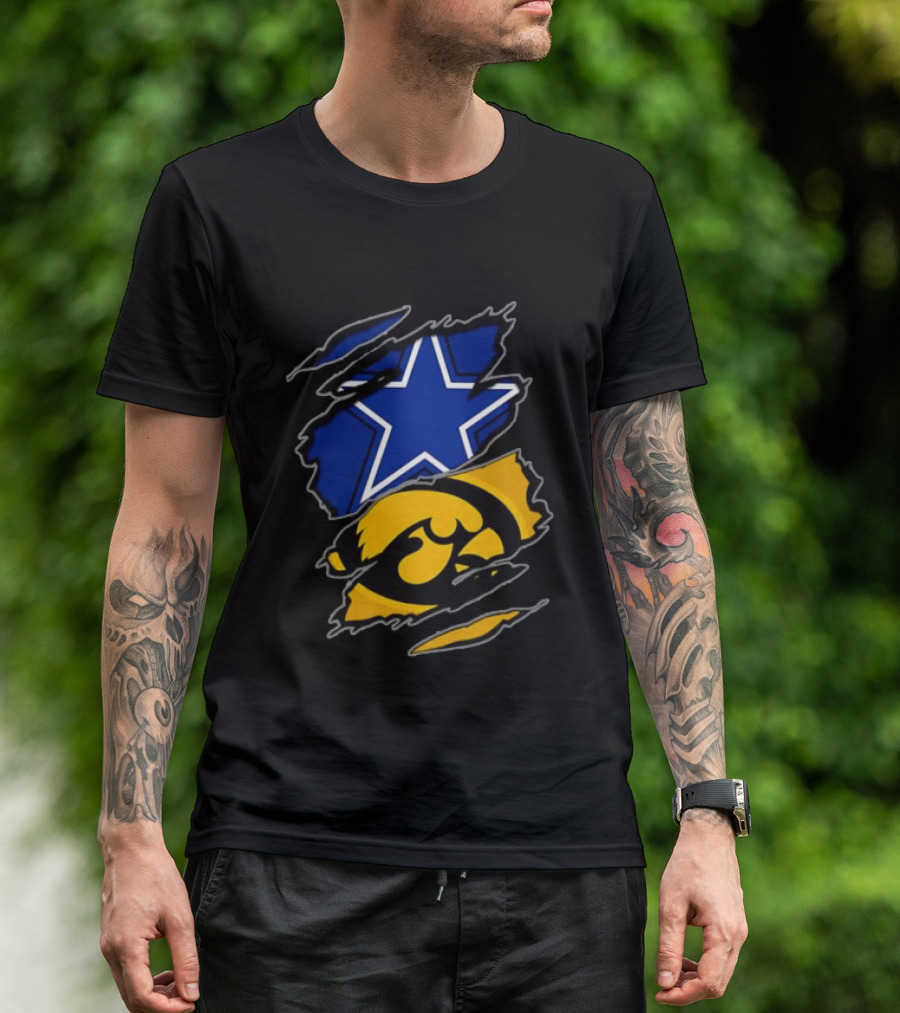 Dallas Cowboys Star And Iowa Hawkeyes Ripped Logo Sports Fan Gear T-Shirt