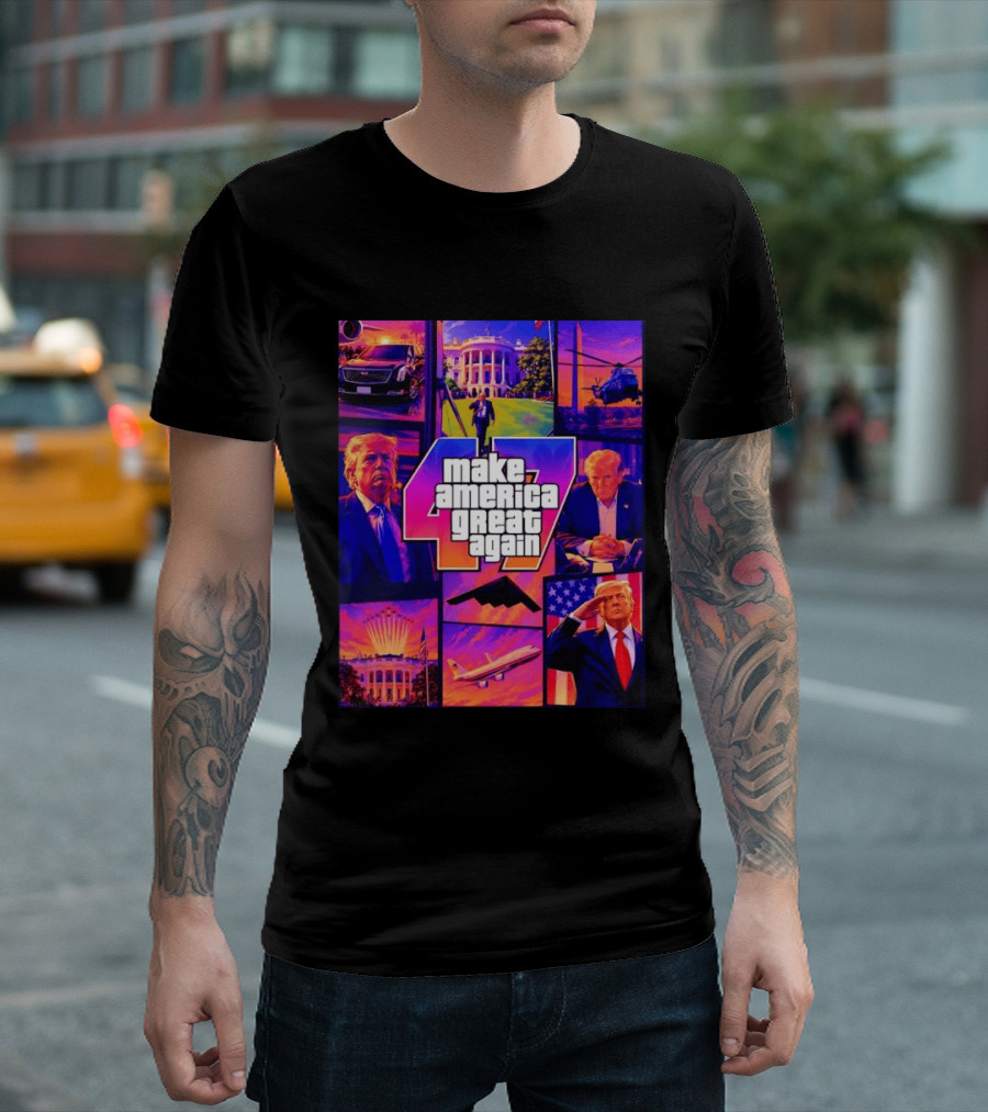 Make America Great Again GTA 47 Parody Trump White House Military Aircraft Montage T-Shirt