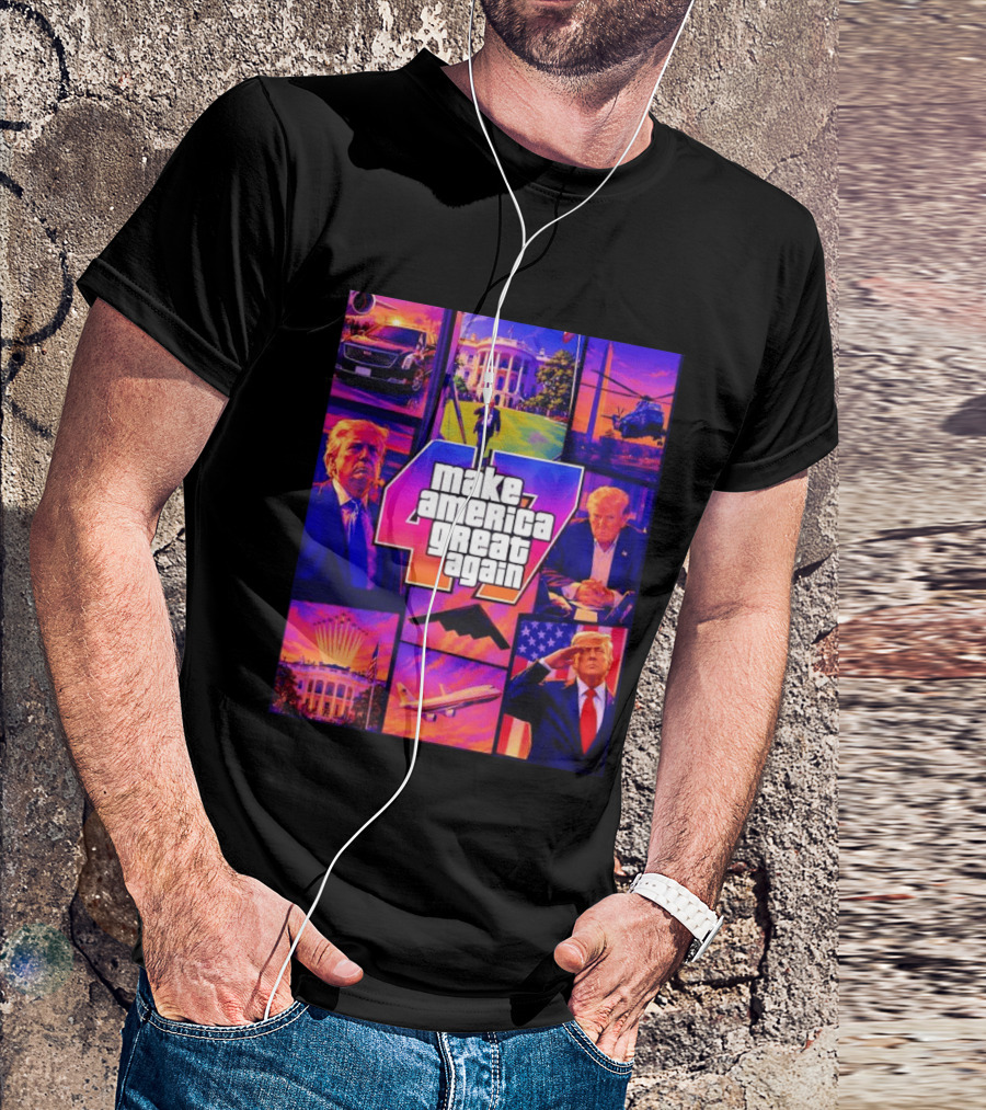 Make America Great Again GTA 47 Parody Trump White House Military Aircraft Montage T-Shirt