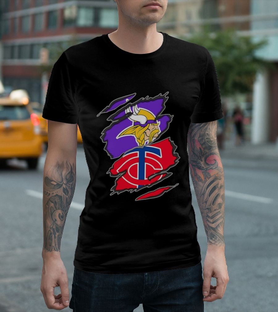 Minnesota Vikings Minnesota Twins Iconic Team Collaboration Ripped T-Shirt