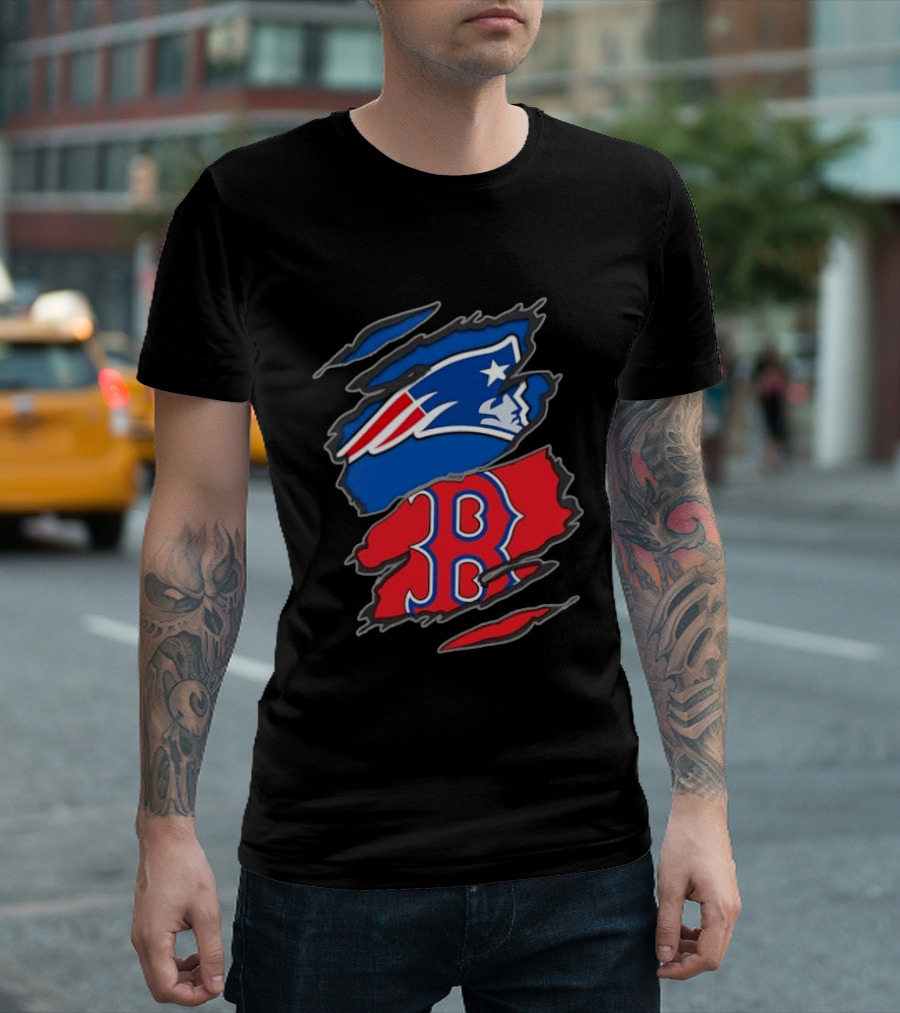 Patriots Red Sox Ripped Design New England Boston Sports Fan T-Shirt