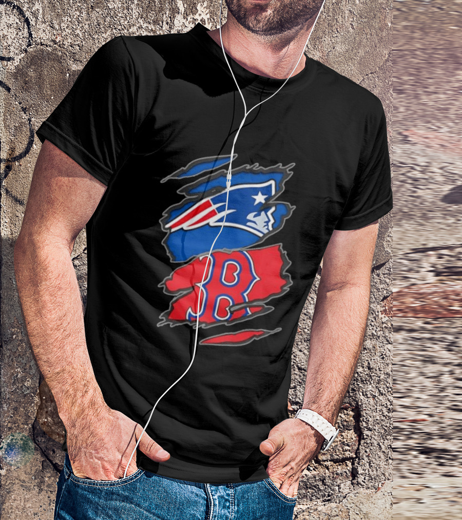 Patriots Red Sox Ripped Design New England Boston Sports Fan T-Shirt