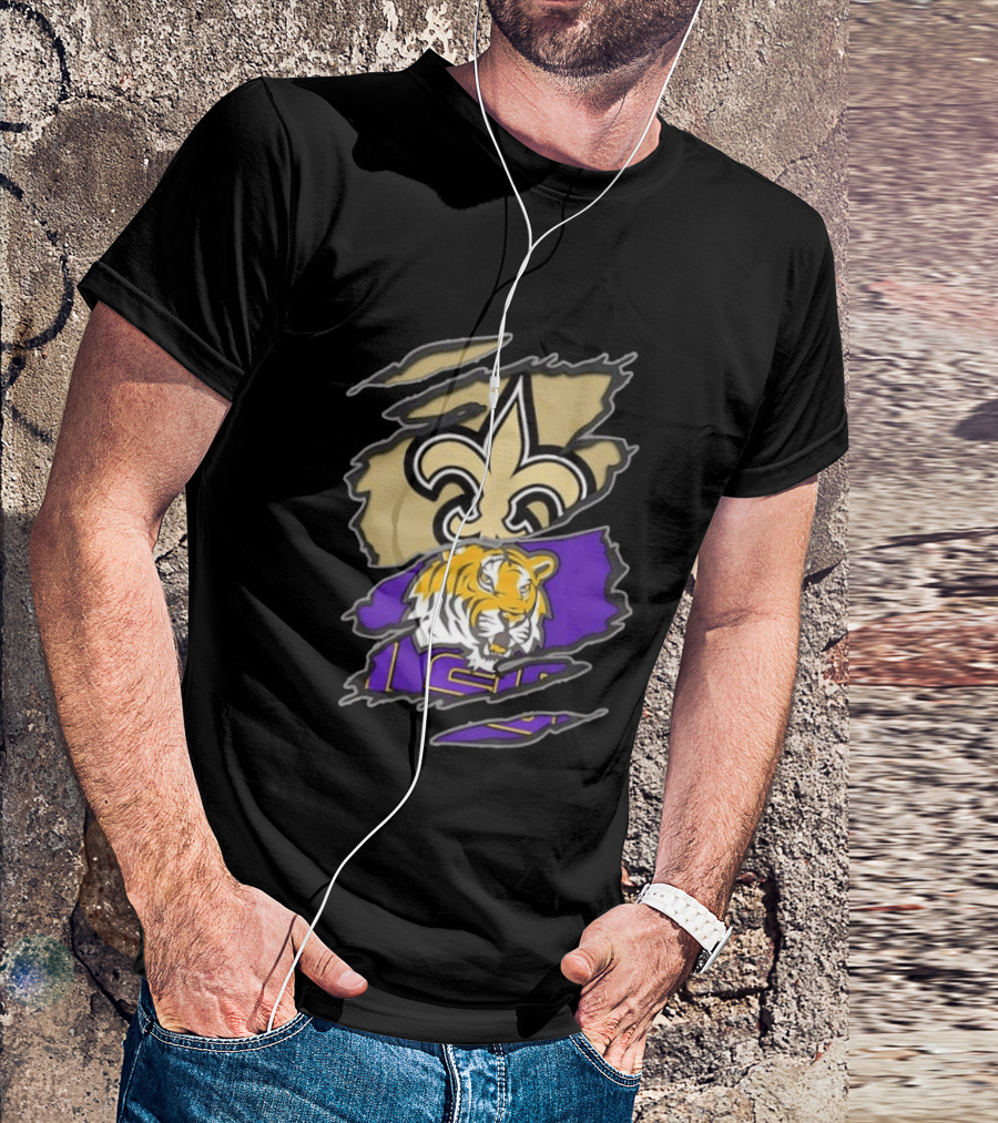 New Orleans Saints LSU Tigers Football Louisiana Logos Ripped T-Shirt