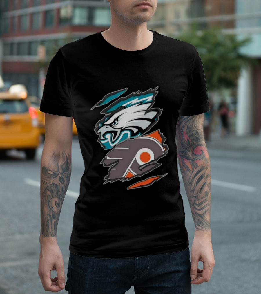 Philadelphia Eagles And Philadelphia Flyers Ripped Tear Sports Team T-Shirt