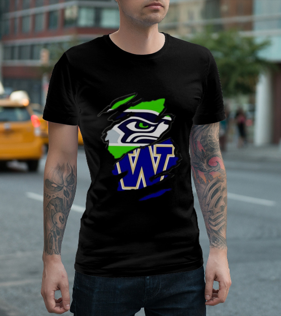 Seattle Seahawks Washington Huskies Ripped Through Logos T-Shirt