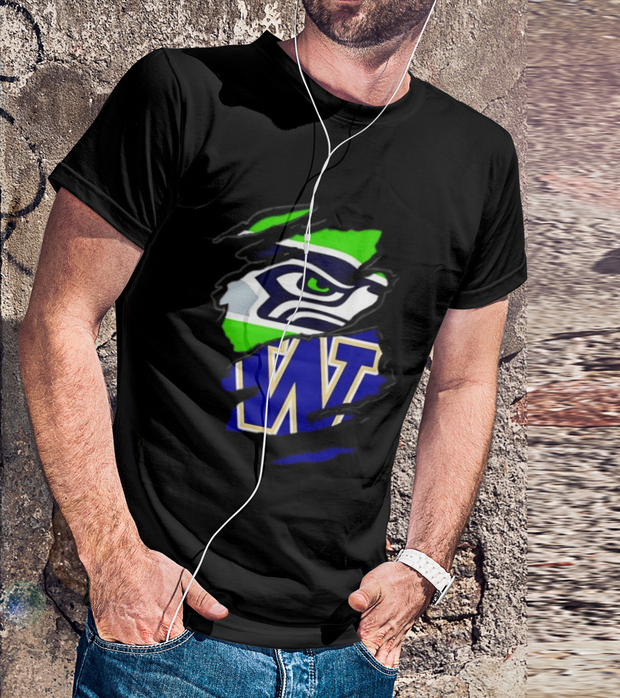 Seattle Seahawks Washington Huskies Ripped Through Logos T-Shirt