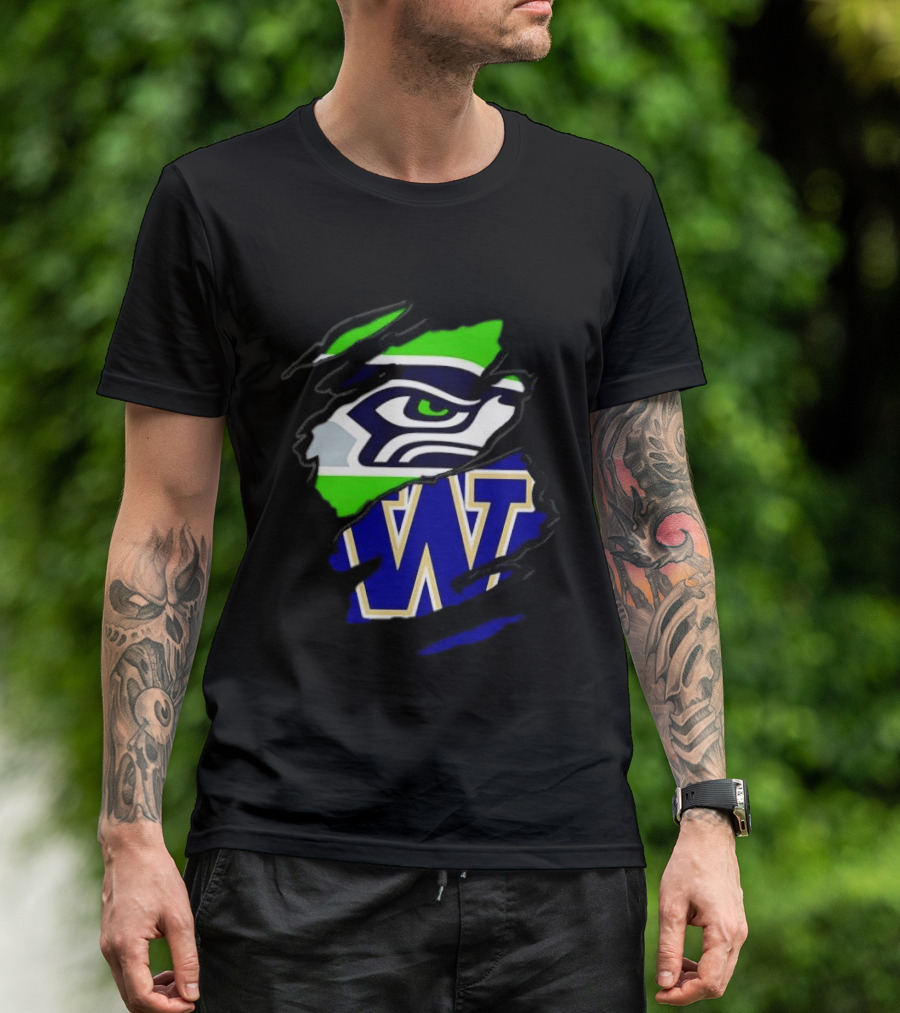 Seattle Seahawks Washington Huskies Ripped Through Logos T-Shirt
