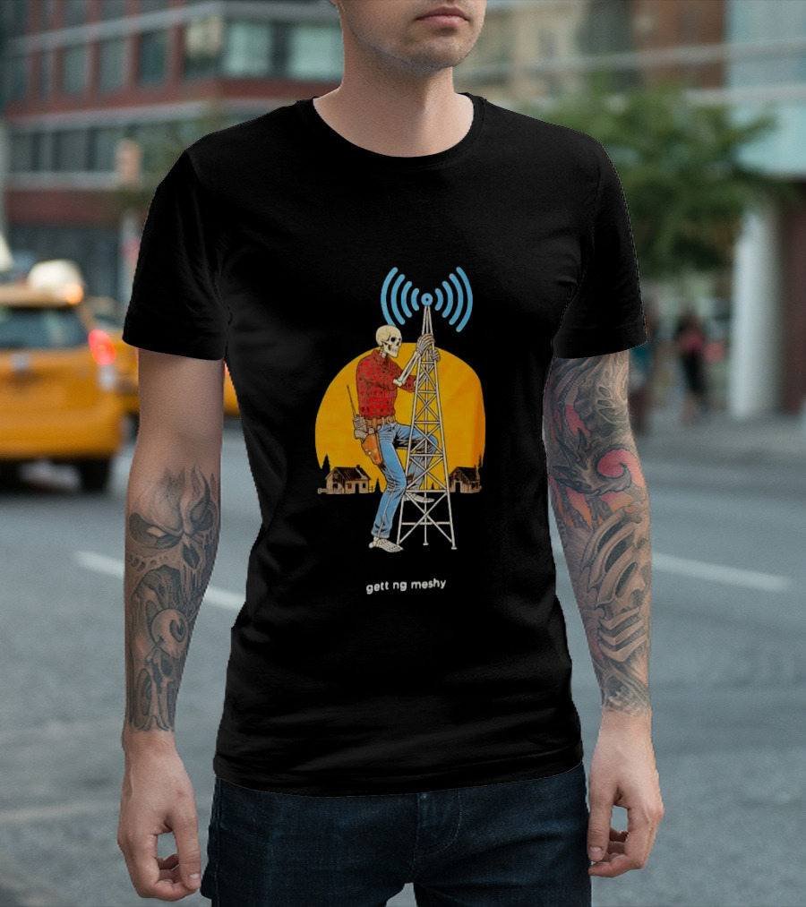 Skeleton Climbing Tower With Radio Waves Retro Scene T-Shirt