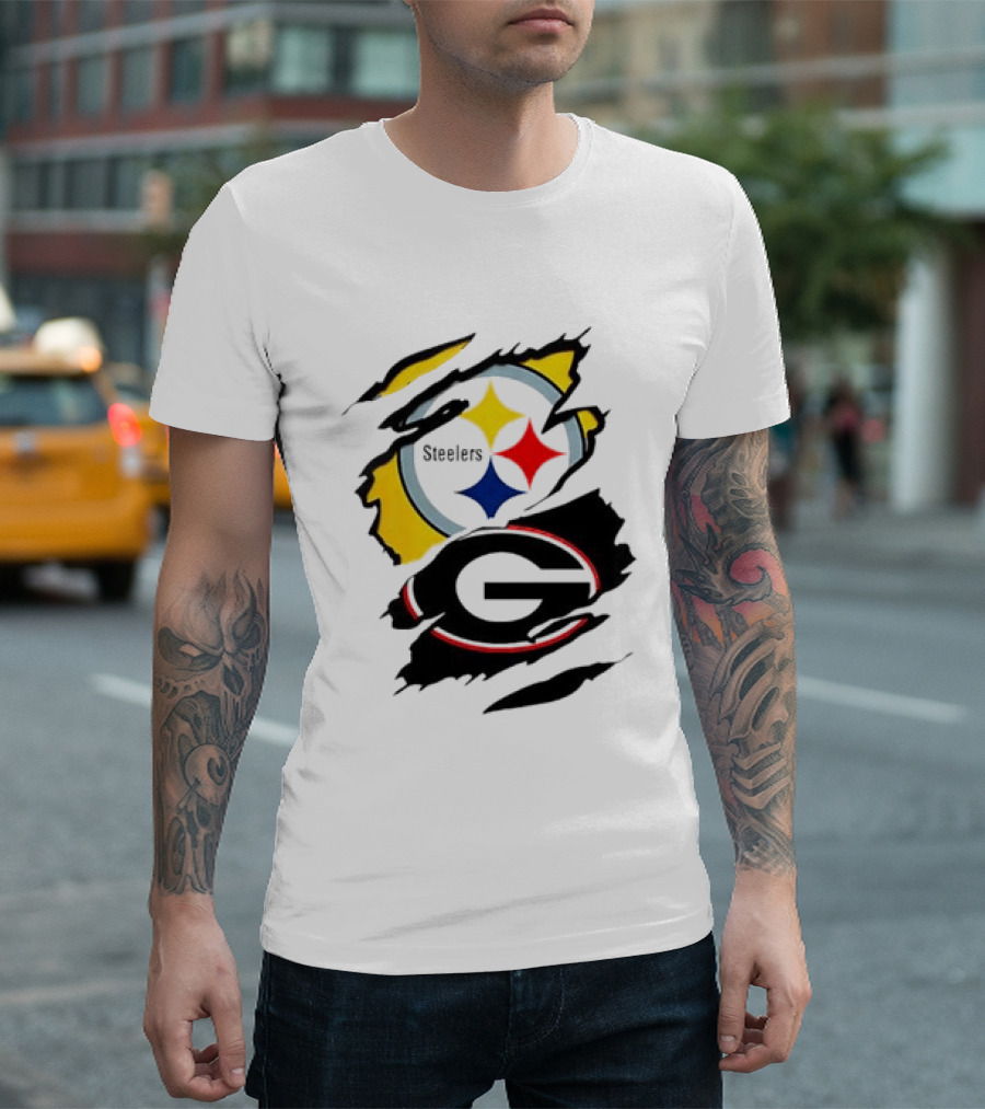 Pittsburgh Steelers Georgia Bulldogs NCAA Football Ripped Torn Effect T-Shirt