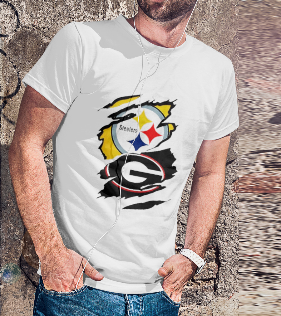 Pittsburgh Steelers Georgia Bulldogs NCAA Football Ripped Torn Effect T-Shirt