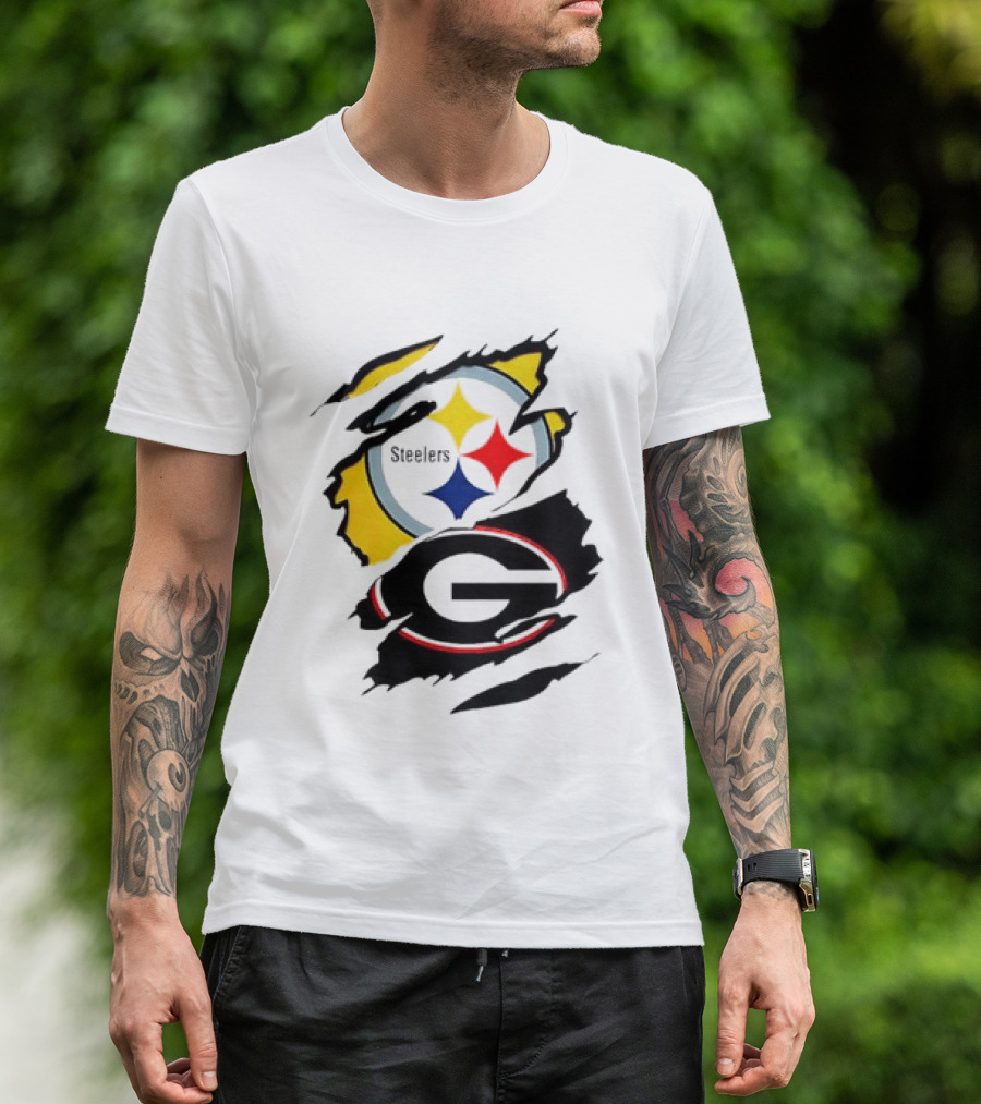 Pittsburgh Steelers Georgia Bulldogs NCAA Football Ripped Torn Effect T-Shirt